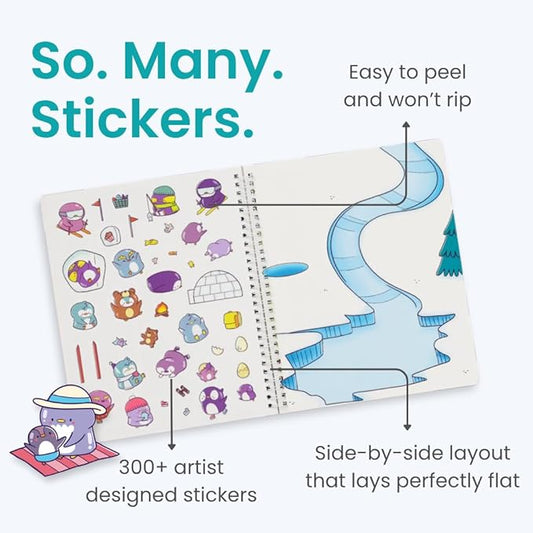 Cupkin Penguin Sticker Book Activity for Kids, Toddler Airplane Travel Essentials, 300+ Animal Stickers for Kids + 8 Scenes + Coloring Book Pages, Penguin Children's Gift, Crafts Ages 2-8