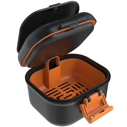 ARGOMAX Leak Proof Denture Bath Cup, Portable Soaking Denture Box, Denture Bath Case with Strainer, for Dentures and Braces, Upgraded Version with Storage Compartment (Black + Orange).