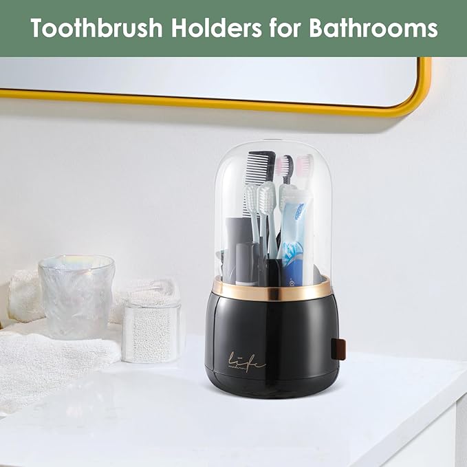 Toothbrush Holders for Bathrooms,Rotating 7-Slot with Cover and Draining Water,Kids Electric Toothbrush Holder and Toothpaste Stand Storage for Bathroom Accessories Counter Organizer Vanity