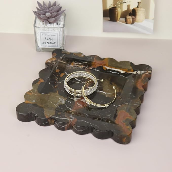 Square Marble Decorative Tray with Scalloped Edge, Luxury Natural Stone Bathroom Vanity Tray, Dresser Top Perfume Coffee Home Kitchen Sink Tray, Key Trinket Ring