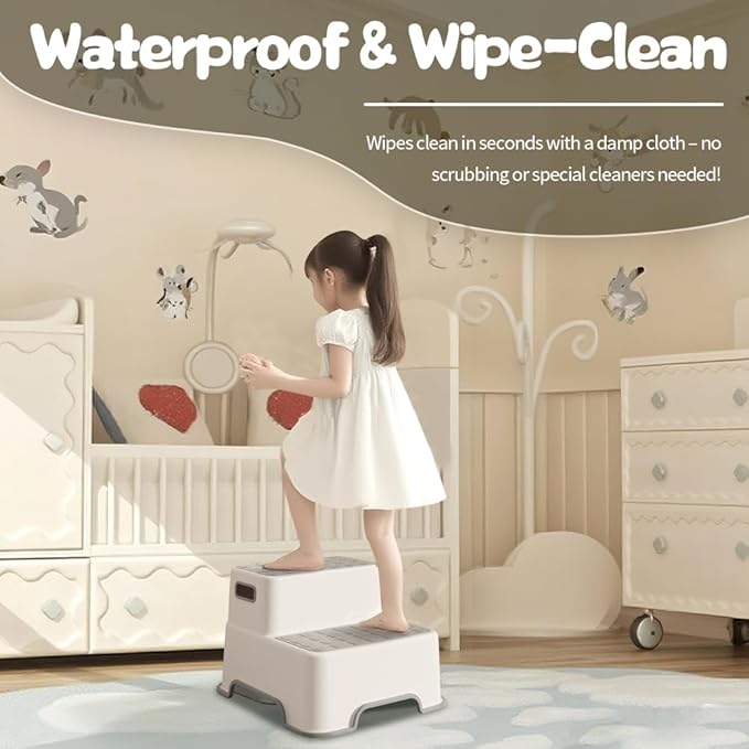 Toddler Step Stool for Bathroom Sink, 2 Pack Step Stool for Kids, Plastic Potty Training Toilet Stepping Stools, Child and Baby Lightweight&No-Slip Two Step Stools for Kitchen(Off-White/Gray)