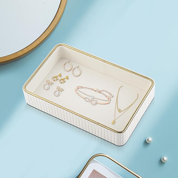 PU Leather Valet Tray,Desk Organizer Tray Nightstand Organizer Trinket Dish Storage Key Bowl Decorative Trays for Phone Wallet Jewelry Watch,Bathroom Bedroom Perfume Vanity Trays,Cream White