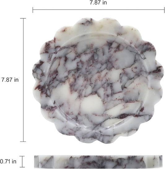 Round Marble Decorative Tray with Scalloped Edge, Luxury Natural Stone Bathroom Vanity Tray, Dresser Top Perfume Coffee Home Kitchen Sink Tray, Key Trinket Ring