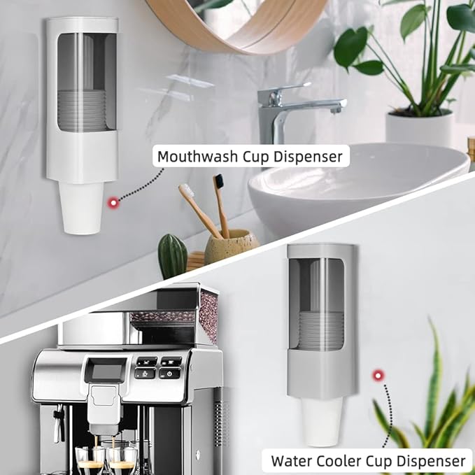 Cup Dispenser, Pull Type Water Cooler Cup Holder Fit 3oz-5oz Disposable Paper Plastic Cups, Wall Mount Bathroom Mouthwash Cups Dispenser with Paste for Home Office Hospital (Grey)