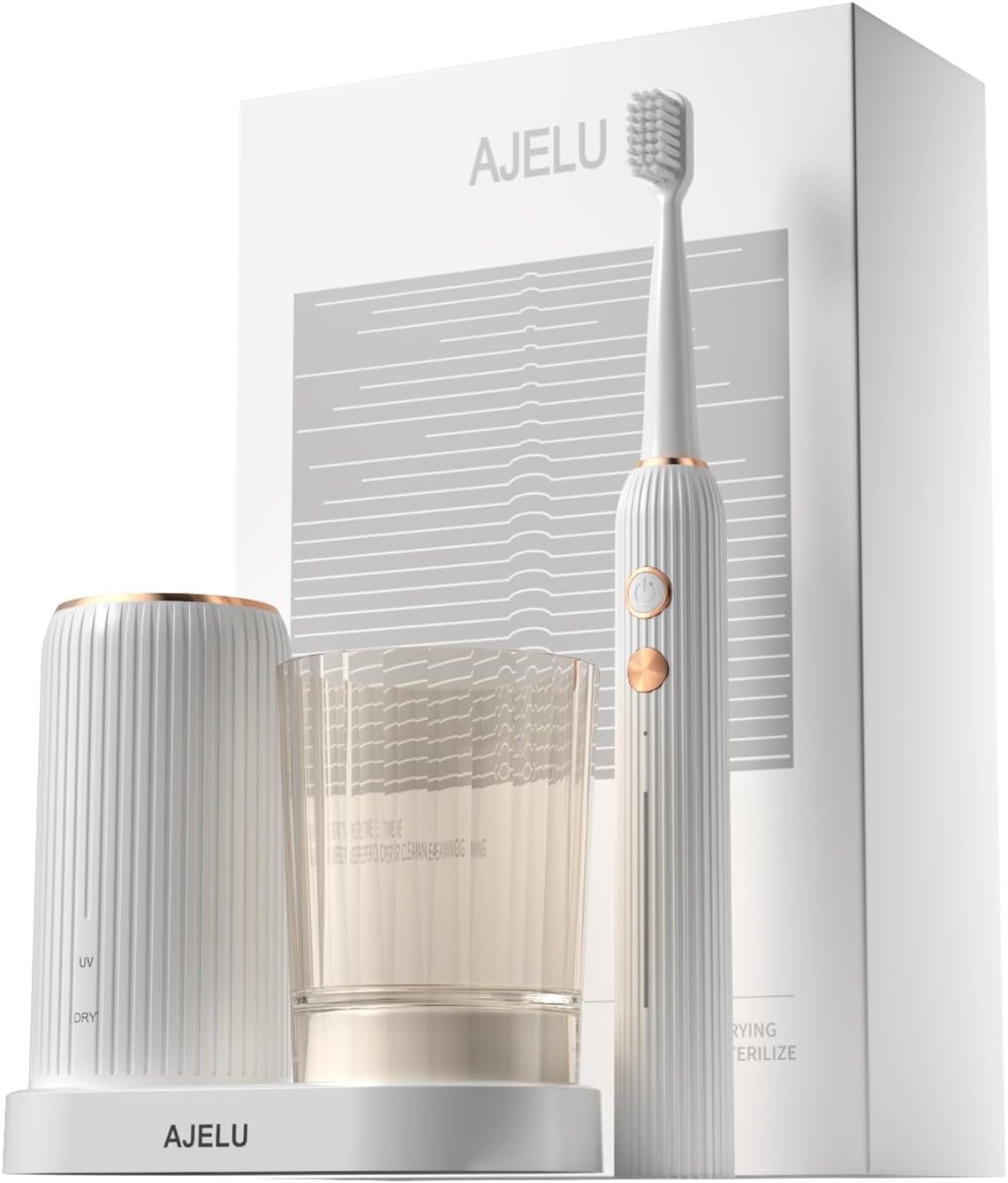 Electric Toothbrush Set with Drying & Sanitizing Holder, 8 Replacement Brush Heads, Transparent Rinse Cup, Smart Timer, USB Rechargeable for Adults