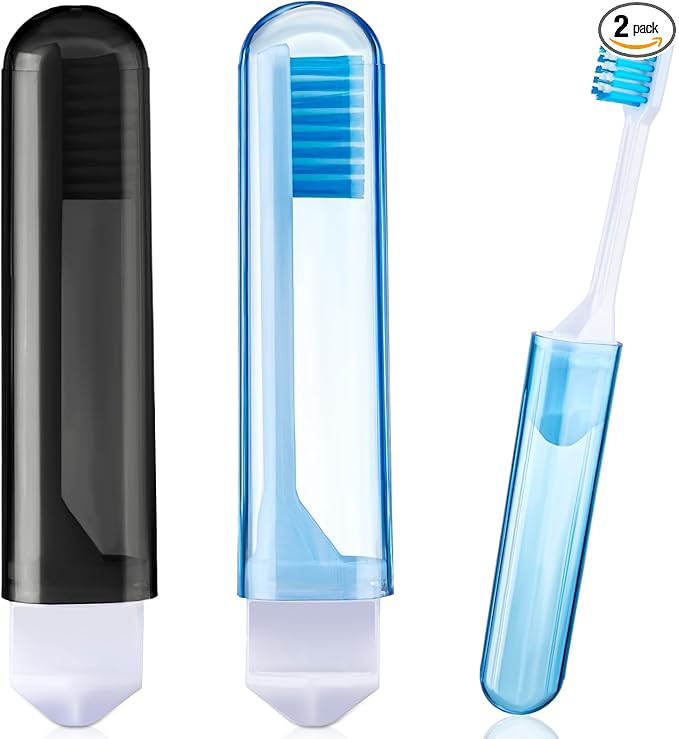 Patelai 2 Pieces Travel Toothbrush Set, Soft Bristle Mini Foldable Tooth Brush with Case, Individually Wrapped Small Portable Travel Size Toiletries Stuff for Camping (Classic Color)