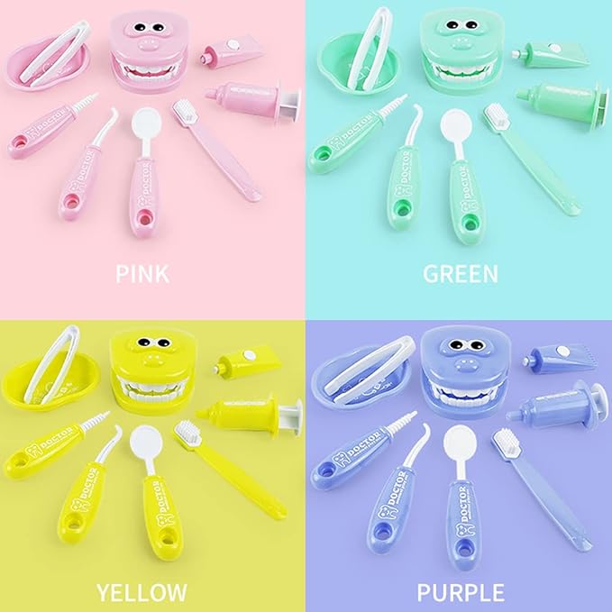 9PCS Plastic Simulation Dentist Play Set Medical Kit Pretend Toy for Kids Hygienic Habbit Cultivation Role Play Game for Children 6 Colors (Purple/Pink/Yellow/Green) OPP Bag Packaging (Pink)