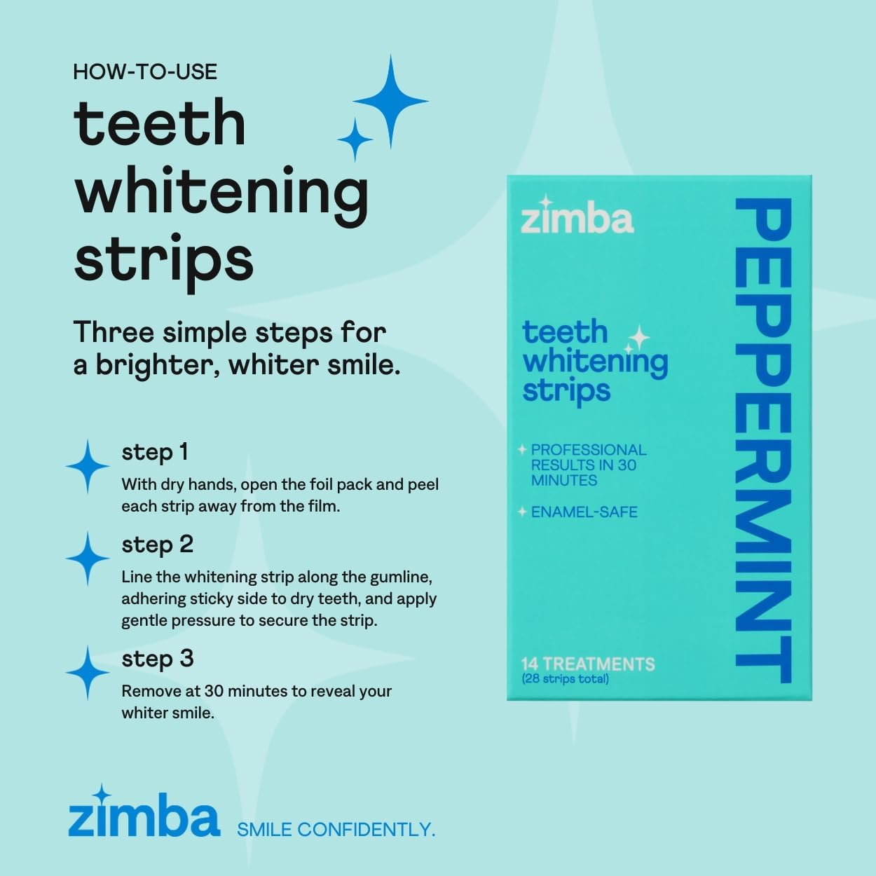 Zimba Peppermint & Coconut Teeth Whitening Strips for Teeth Sensitive, White Strips for Teeth Whitening, Teeth Whitener Stain Remover 28 White Strips Included Per Pack, 2 Pack (14 Day Treatment)