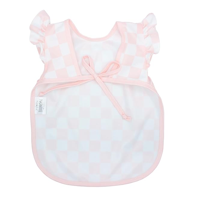 BapronBaby Pink Flutter Checkerboard Bapron - No Neck Tie Safer Bib for Baby & Toddler - Soft Waterproof Stain Resistant - Machine Washable - Sz Preschool 3-5yrs