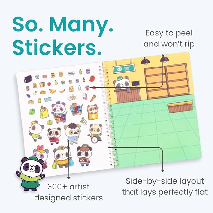 Cupkin Panda Sticker Book Activity for Kids, Toddler Airplane Travel Essentials, 300+ Stickers for Kids + 8 Scenes + Coloring Book Pages, Panda Bear Lover Gift, Children's Crafts Ages 2-8
