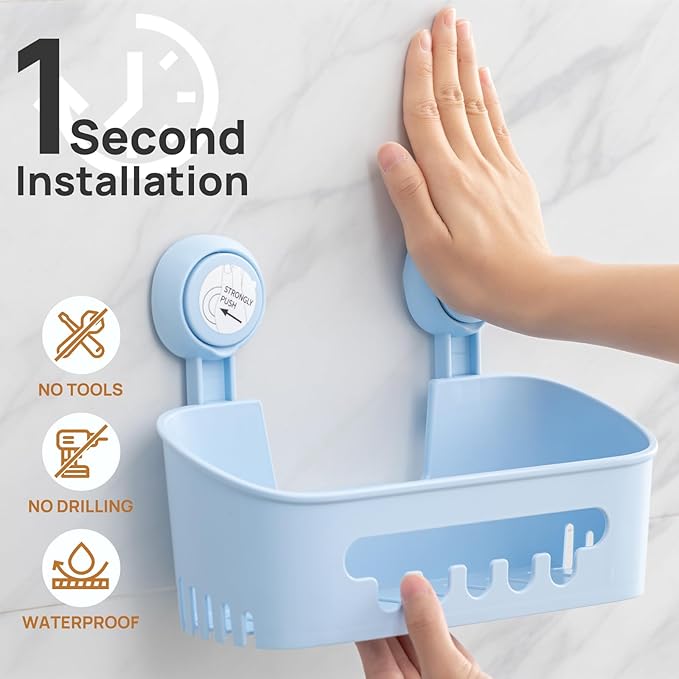 LEVERLOC Shower Caddy Suction Cup Set Shower Organizer & Soap Holder & Toothbrush Holder, Bathroom Shelf Basket NO-Drilling, Removable Suction Storage Waterproof Bathroom Caddy, Blue