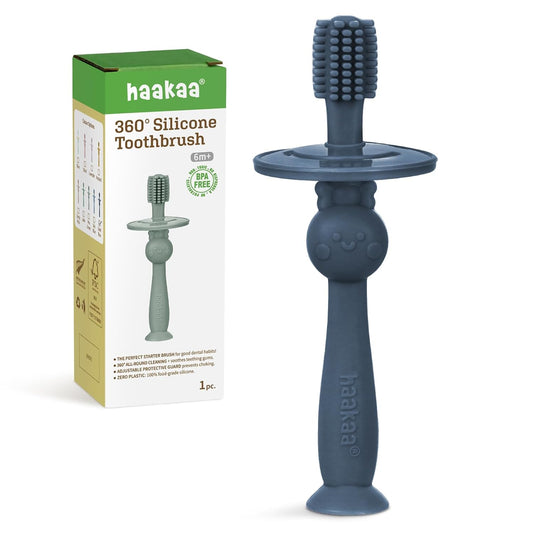 haakaa 360° Baby Toothbrush with Suction Base - Gentle Cleaning for Infant Self-Brushing Training, Food-Grade Silicone, Adjustable Safety Shield - Steel Blue (1 Piece)