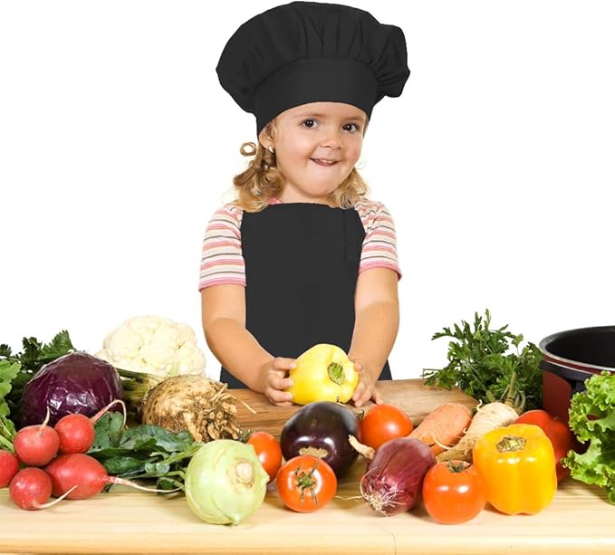 Kids Apron and Chef Hat Set, Adjustable Cotton Child Aprons with Large Pocket Black Girls Boys Kitchen Bib Aprons for Cooking Baking Painting