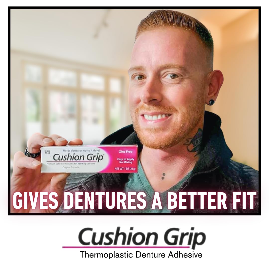 Cushion Grip Thermoplastic Denture Adhesive 1oz (10 Pack)–Extra Strong Hold Up to 4 Days, Unmatched Strength, Waterproof & Zinc Free, Relieves Sore Gums, Comfortable Refit, Long Lasting Denture Refit