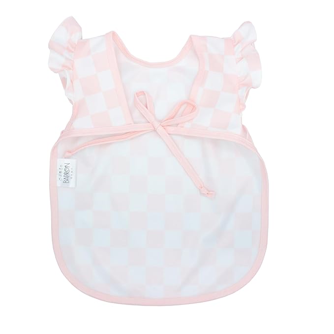 BapronBaby Pink Flutter Checkerboard Bapron - No Neck Tie Safer Bib for Baby & Toddler - Soft Waterproof Stain Resistant - Machine Washable - Sz Baby/Toddler 6m-3T