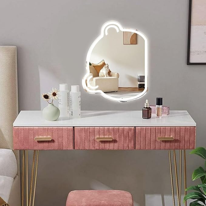 LED Mirror Neon Lights Light Up Dressing Mirror Cat/Shine Heart/Bat/Butterfly Shape Neon Mirror Sign for Modern Home Girl Room Bathroom Salon Wall Art Decor Gift For Girlfriend USB Powered