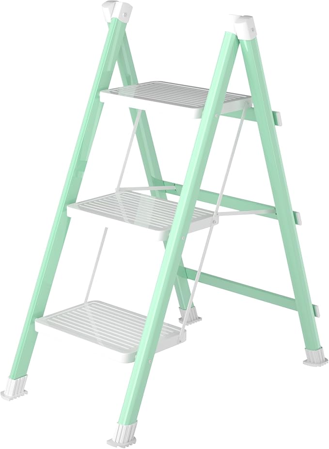 3 Step Ladder, Folding Step Stool with Anti-Slip Wide Pedal, Anti-Slip Feet, Sturdiest Steel Construction, Steel Ladder for Home and Office, Green White