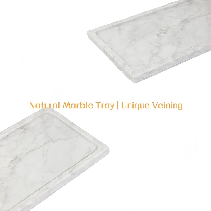 Solid Natural Marble Rectangle Vanity Tray - 9.8"x5" Italy Natural Bath & Counter Organizer, Decorative Jewelry Perfume Holder, Kitchen Coffee Table Serving Tray（White）
