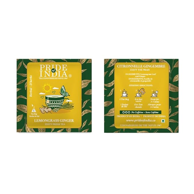 Pride of India | Lemongrass Ginger Zesty Fresh Tea | 15 Pyramid Full Leaf Individually Wrapped Tea Bags | 100% Herbal Blend from Single Origin | Tangy & Spicy Flavor | Caffeine-Free