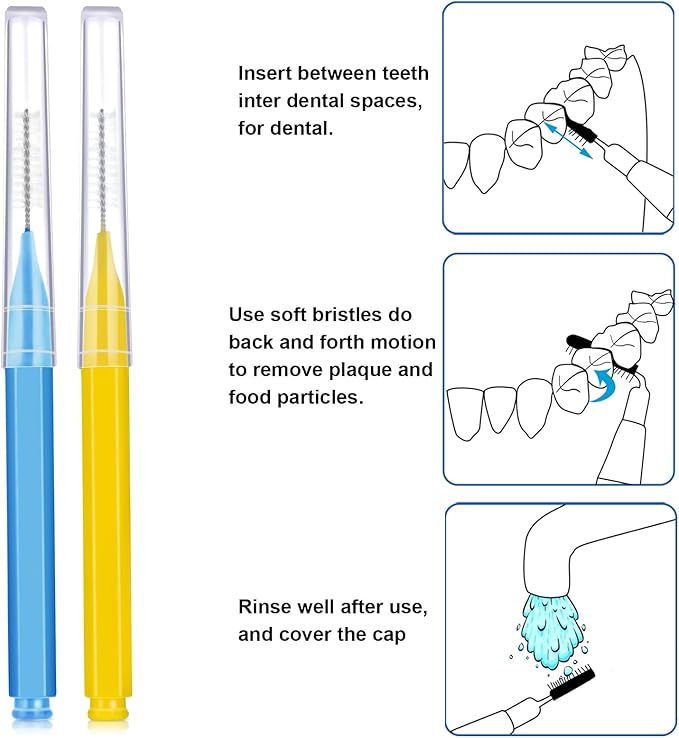 Patelai 100 Pieces Braces Brush for Cleaner Interdental Brush Toothpick Dental Tooth Flossing Head Oral Dental Hygiene Flosser Toothpick Cleaners Tooth Cleaning Tool(Blue, Yellow,Multiple Sizes)
