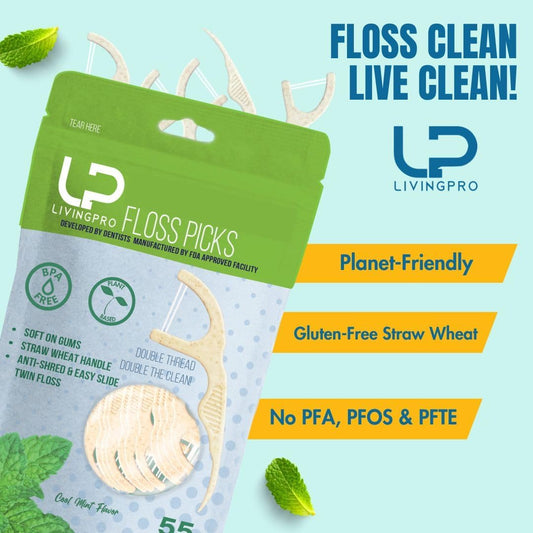 Twin Line Biodegradable Floss Picks (220 Count) - Compostable Tooth Flossers Minty Fresh-Double Thread 2X The Clean | Bonus Travel Case | Thing Thread Glide Easy & Shred-Resistant