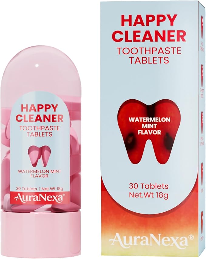 Happy Cleaner Toothpaste Tablets – Watermelon Mint Flavor, Fluoride-Free Chewable Toothpaste, Nano Hydroxyapatite, Travel-Friendly & Eco-Conscious, 30 Tablets