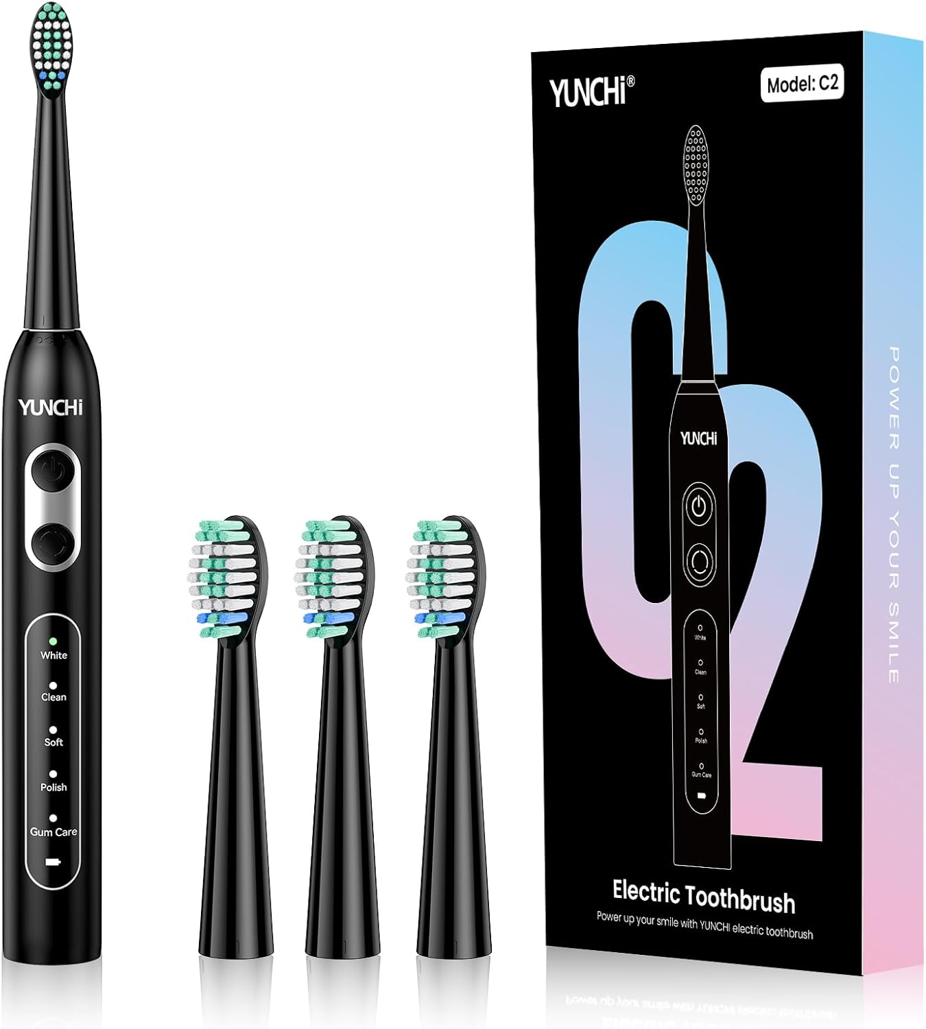 YUNCHI Sonic Electric Toothbrush for Adults and Kids, Black Electric Toothbrush,55 Days Last USB Rechargeable Toothbrush, 5 Modes, 4 Brush Heads, 2-Min Smart Timer, IPX7 Waterproof