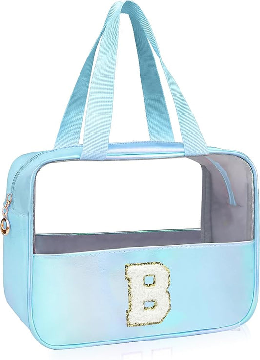 Personalized Initial Clear Makeup Bag Blue Cosmetic Bag Set Large Travel Toiletry Bag, Cute Clear Make Up Bags Organizer Bag for Girlfriend Teacher Gifts Teen Girl Gifts Trendy Stuff B (Blue)