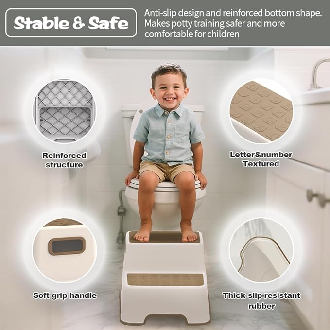 Toddler Step Stool for Bathroom sink, 2 Pack Step Stool for Kids, Plastic Potty Training Toilet Stepping Stools, Child and Baby Lightweight&No-Slip Two Step Stools for Kitchen(Off-White/Khaki)