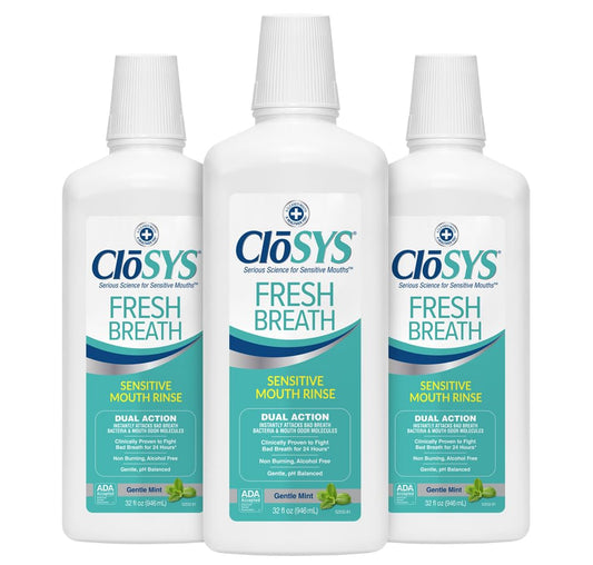 CloSYS Mouthwash, 32 Ounce, 3 Count, Fresh Breath Mouthwash, Gentle Mint, Alcohol Free, Dye Free, pH Balanced Mouth Wash, Helps Soothe Entire Mouth, Fights Bad Breath
