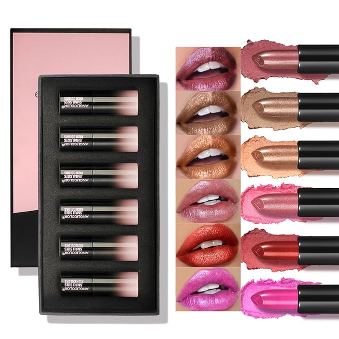 Anglicolor 6PC Mini Glitter Lipstick Set,High Pigmented,Lightweight Smooth Moisturizing Formula,Glossy Shine,Travel Size,Metallic Shimmer Lipstick Gift Sets For Women Girls Makeup kit