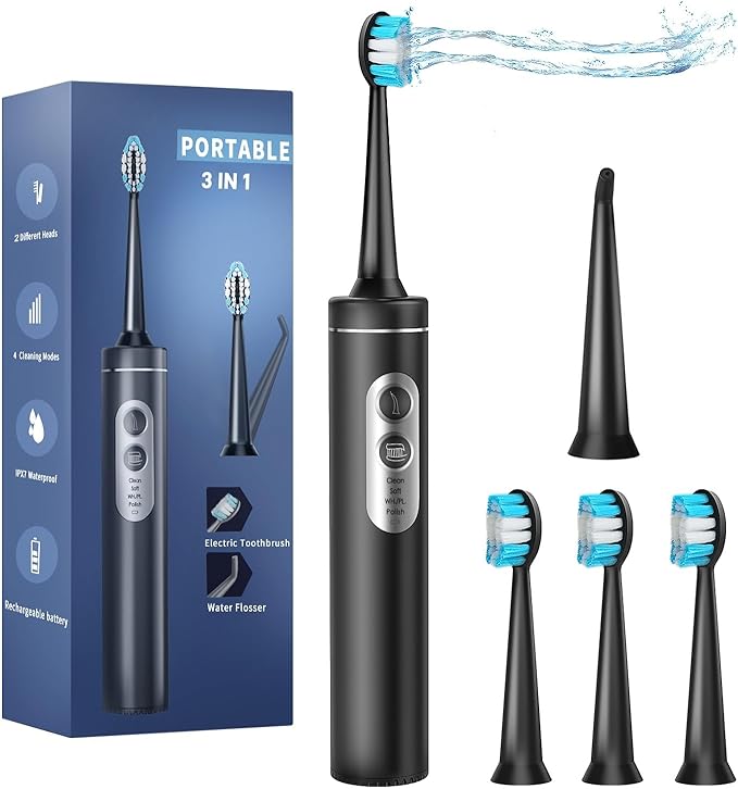 Electric Toothbrush with Water Flosser, 3 in 1 Electric Toothbrush with 4 Modes, Toothbrush and Water Flosser Combo for Adults, Water Flosser Portable for Travel and Home