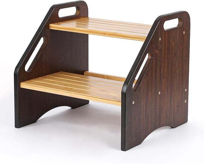 StrongTek Bamboo Kids Step Stool with Handles, 15" Wide Non-Slip Steps, 350 lb Capacity, Portable 2-Step Wooden Footstool, Easy to Assemble & Clean, Ideal for Bathroom, Kitchen, Sink & Toilet