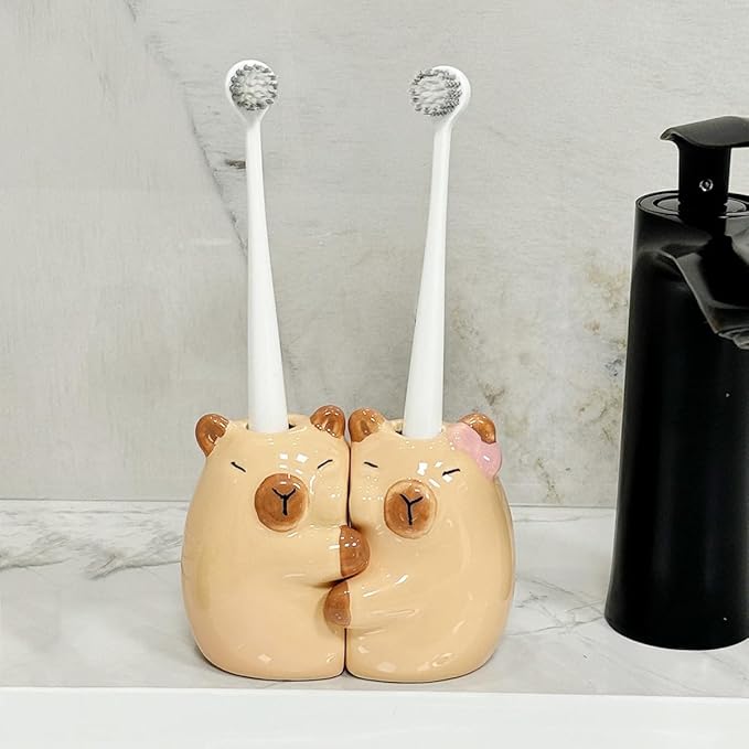 Ceramic Toothbrush Holder for Bathroom, Set of 2 Cute Capybara Shape Tooth Brush Holders Pencil Holder for Bathroom Countertop Home Office Table Decor