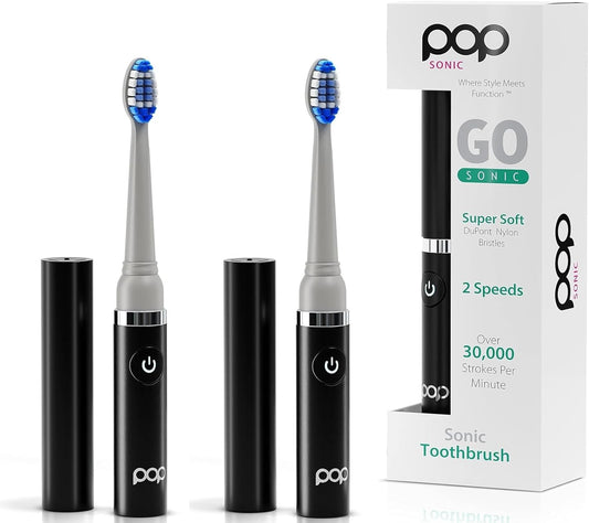 2-Pack Pop Sonic Electric Toothbrush (Black) - Travel Toothbrushes w/AAA Battery | Kids Electric Toothbrushes with 2 Speed & 15,000-30,000 Strokes/Minute, Dupont Nylon Bristles
