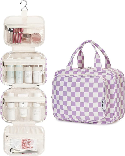 Narwey Hanging Toiletry Bag for Women Travel Makeup Bag Organizer Toiletries Bag for Travel Size Essentials Accessories Cosmetics (Purple Checkerboard (Medium))