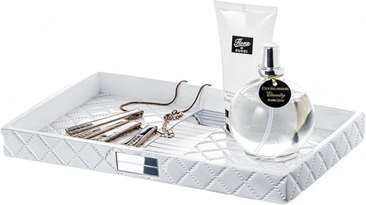 Creative Scents Quilted Mirror Vanity Tray – Decorative Cosmetics Organizer - Durable Resin - Best Bathroom Trays for Arranging Perfume/Jewelry/Makeup - Elegant Bathroom Accessories (White)