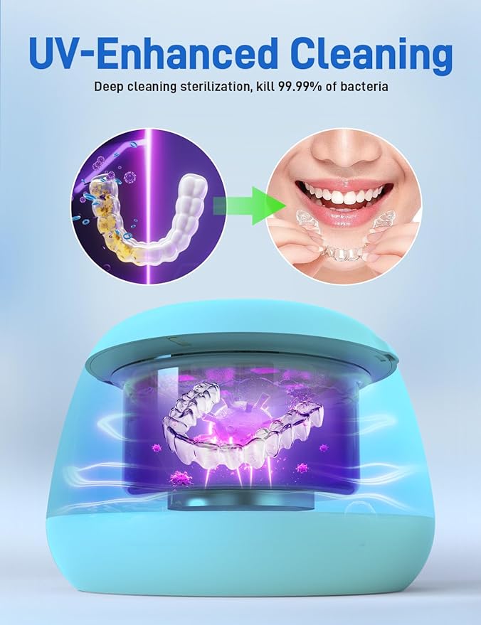 Ultrasonic Retainer Cleaner, EVA BELLE Denture Retainer Cleaner Machine, Tooth Cleaner for Oral Dental Care, Portable Rechargeable Dental Cleaning Pod for Night Guards, Braces, Aligner, Jewelry