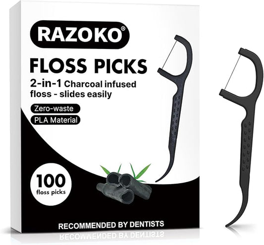 RAZOKO Natural Dental Floss Picks High Toughness Charcoal Toothpicks Sticks-Vegan,Eco-Friendly Sustainable Flossers for Teeth Cleaning 100 Count