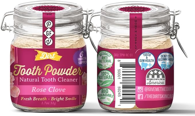The Dirt - Remineralizing Tooth Powder, Natural Fluoride-Free Teeth Whitening Powder with Hydroxyapatite, Flouride & Gluten Free, Organic Vegan (Rose Clove, 51g: 6 Month Supply)