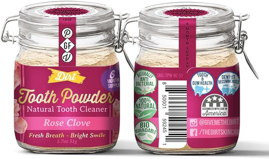 The Dirt - Remineralizing Tooth Powder, Natural Fluoride-Free Teeth Whitening Powder with Hydroxyapatite, Flouride & Gluten Free, Organic Vegan (Rose Clove, 51g: 6 Month Supply)