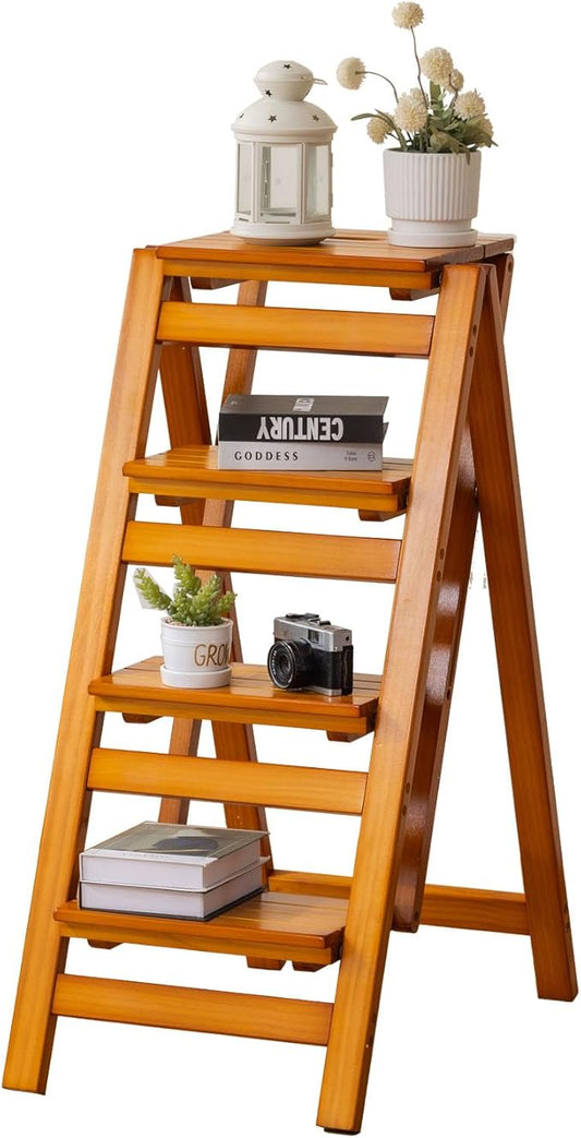 Latifolia Foldable 4 Step Ladder, Wooden Step Stool with Floor Saver, Decorative Ladder Shelf for Living Room, Kitchen, Garden(Walnut)