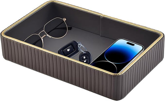 PU Leather Valet Tray,Desk Organizer Tray Nightstand Organizer Trinket Dish Storage Key Bowl Decorative Trays for Phone Wallet Jewelry Watch,Bathroom Bedroom Perfume Vanity Trays,Grey