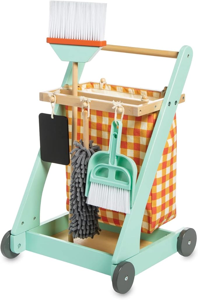 MindWare Oh So Fun! Cleaning Cart – Kids Cleaning Set Includes Kid Size Broom & Other Cleaning Toys for Kids 3 & Up