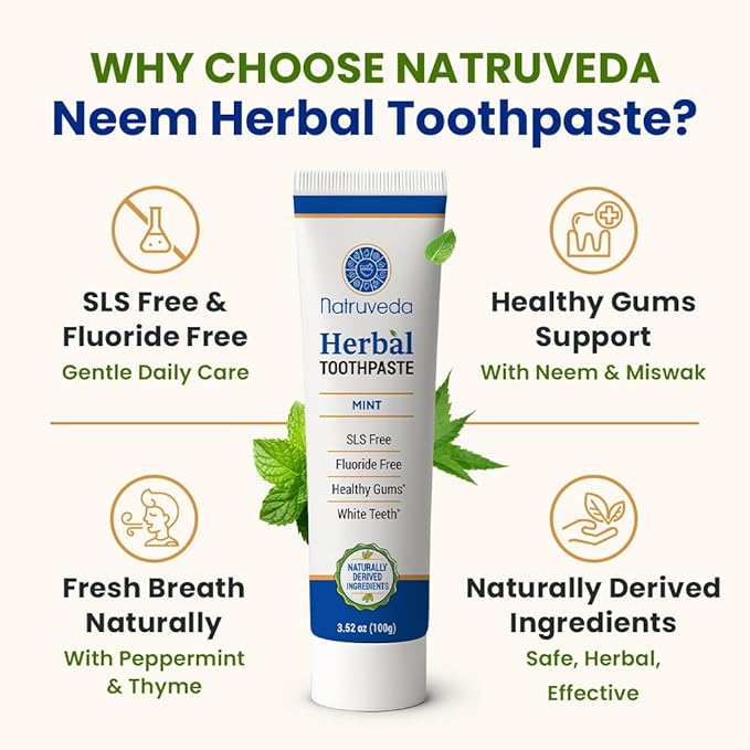 Neem Herbal Toothpaste with Complimentary Copper Tongue Scraper | Fluoride Free, SLS Free, Natural Toothpaste for Adults | Ayurvedic Oral Care with Mint & 8 Herbal Ingredients | 3.52 oz