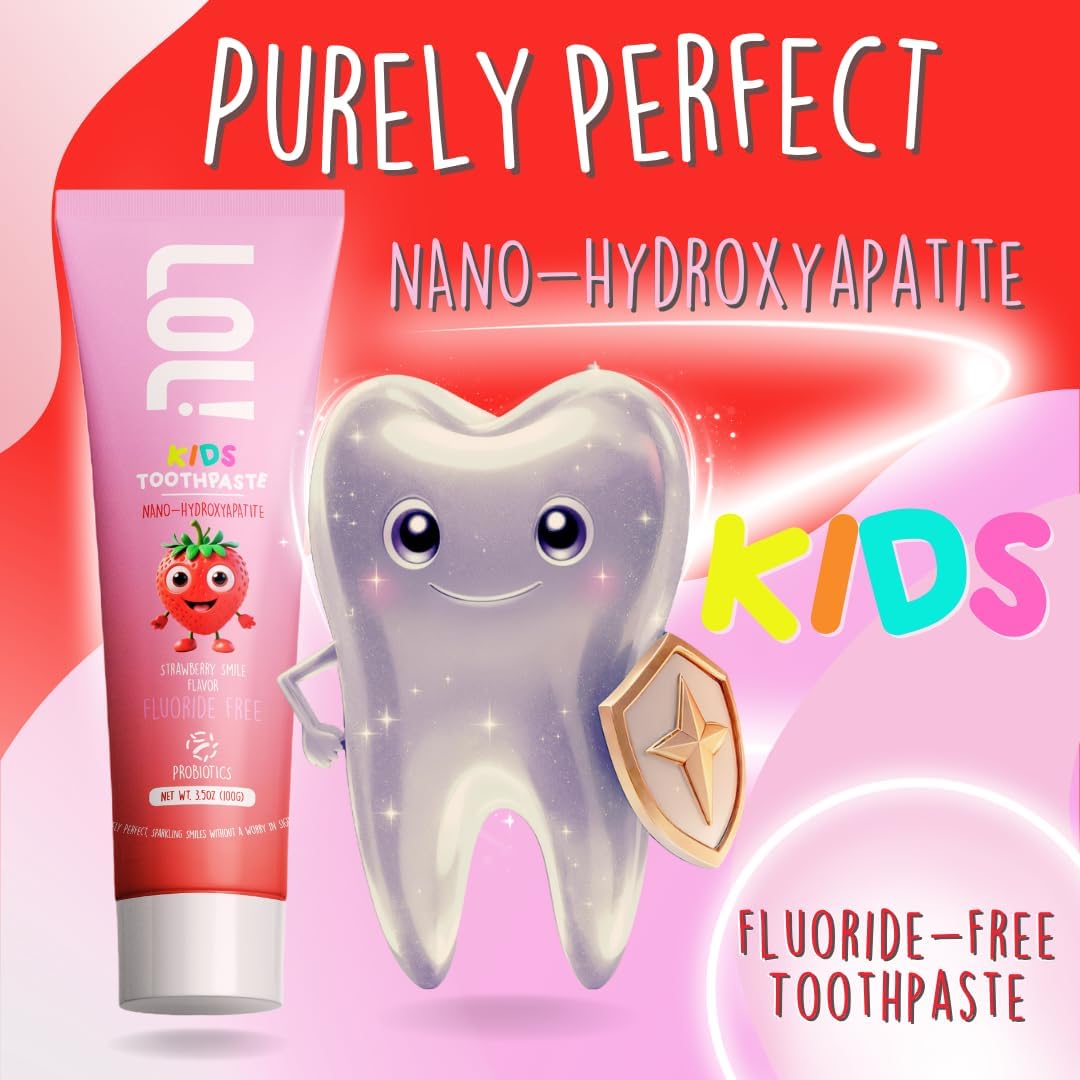 LOL Kids Toothpaste 3-Flavors Pack | Nano Hydroxyapatite Toothpaste, Probiotics, Vitamins A, C, E | Safe if Swallowed, No SLS | 1 Peppermint, 1 Strawberry & 1 Melon Flavor