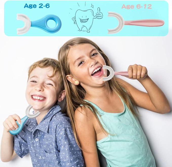 YOTEE U-Shaped Toothbrush Kids 2 PCS - Toddler Toothbrush with Food Grade Soft Silicone Brush Head, Manual Whole Mouth Tooth Brush for Kids Age 2-6(Blue+Pink)