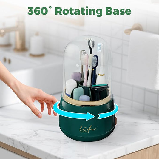 Toothbrush Holders for Bathrooms, Rotating 7 Slots Toothbrush Holder with Cover, Kids Electric Toothbrush and Toothpaste Holders for Caddy for Bathroom Vanity, Sink, Countertop, Dark Green