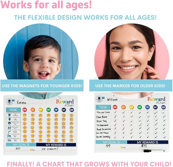 QUOKKA Magnetic Behavior Chore Chart for Kids at Home - Gift Reward Visual Schedule Chart - Dry and Erase Routine and Responsibility - Use 48 Magnets & 49 Stars - from Toddlers to Teens