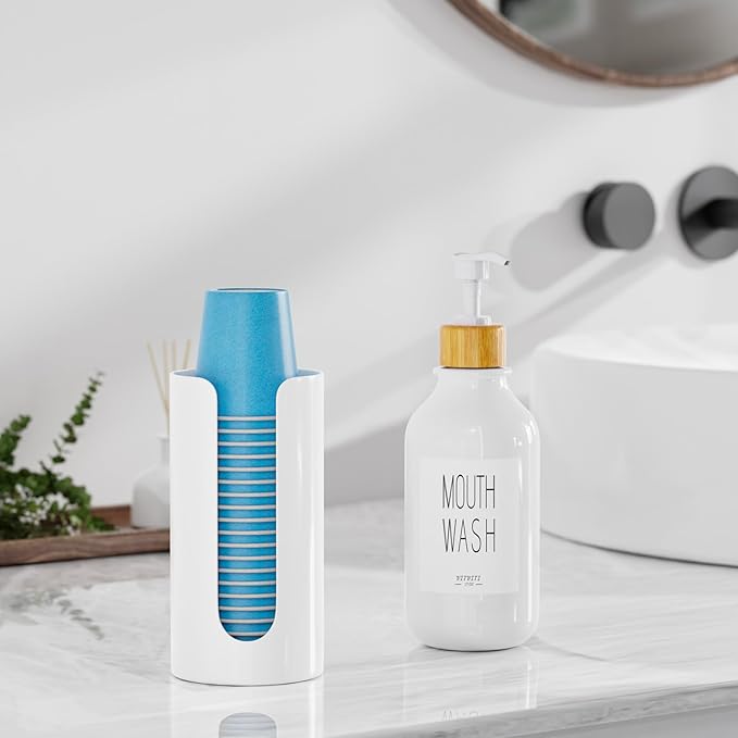 VITVITI Mouthwash Dispenser for Bathroom, Mouth Wash Dispenser Wall Mounted with Cup Holder, 17OZ Refillable Mouthwash Pump Container, Plastic/Bamboo/Metal, White